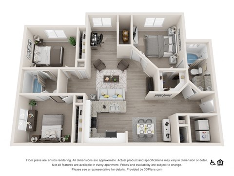 Floor plan for 3 beds, 2 baths, 1275 sqft